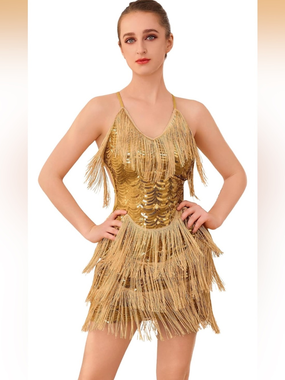 NWT Gold Sequin Fringe Latin Dance Ballroom Dress Medium